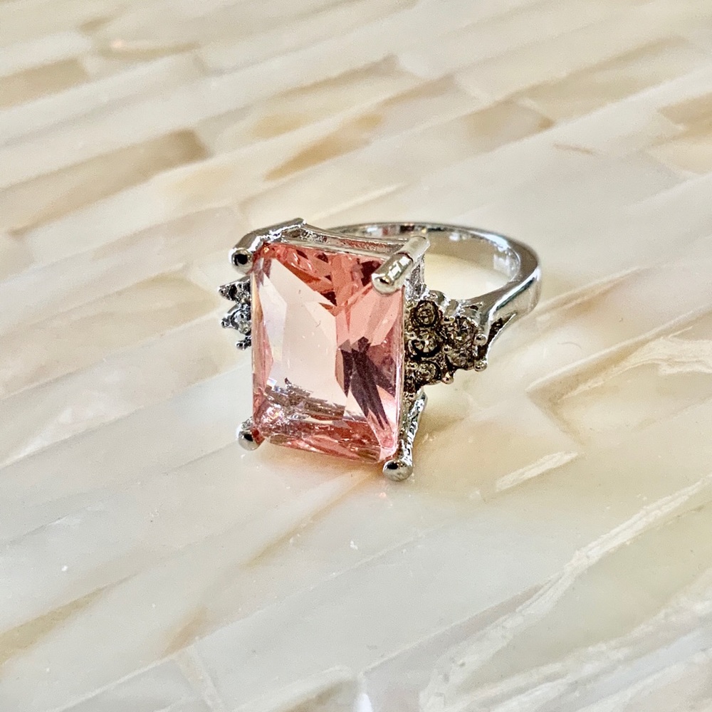 Ring Simulated Morganite & CZs Silver Fashion Large Emerald Cut Ring Size 6